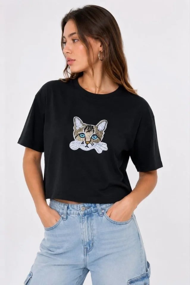 Kedi Baskılı Oversize Crop Tişört Salaş Basic Yarım Kol T-shirt - Siyah