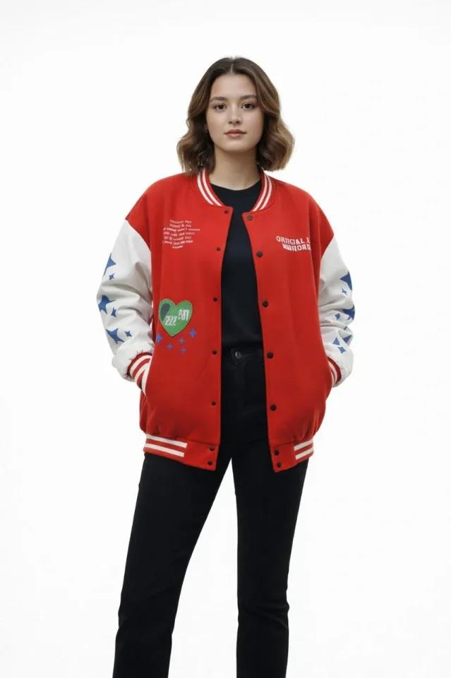 Kırmızı Varsity Çıtçıtlı Baskılı Oversize Kalıp Kolej Ceket - Kırmızı