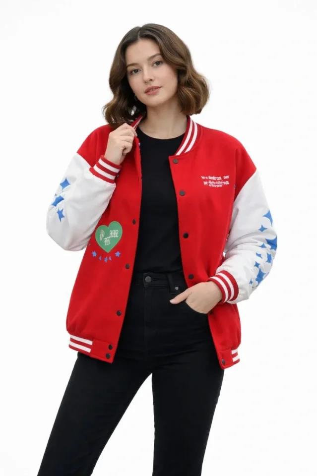 Kırmızı Varsity Çıtçıtlı Baskılı Oversize Kalıp Kolej Ceket - Kırmızı