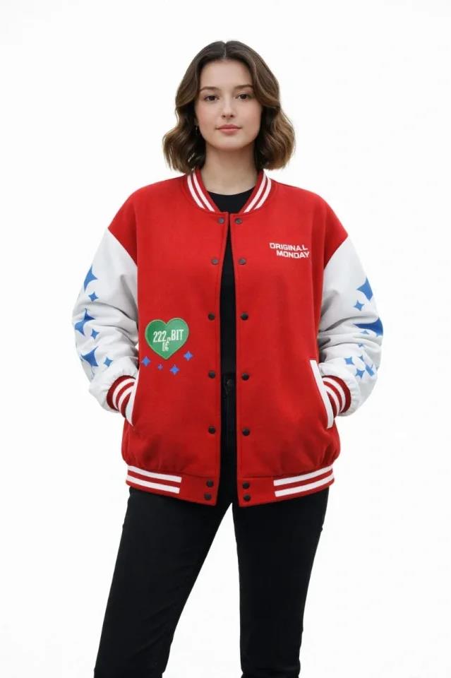Kırmızı Varsity Çıtçıtlı Baskılı Oversize Kalıp Kolej Ceket - Kırmızı