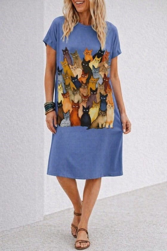Kısa Kollu Bisiklet Yakalı Kedı Desenli Midi Vıskon Elbise