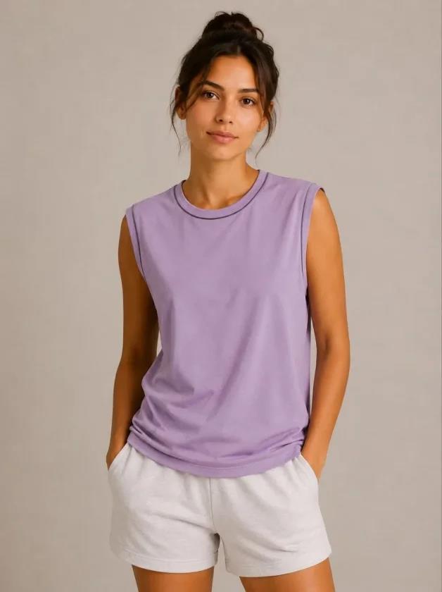 Kontrast Biyeli Kolsuz Atlet Bisiklet Yaka Yazlık Basic Atlet - Mor