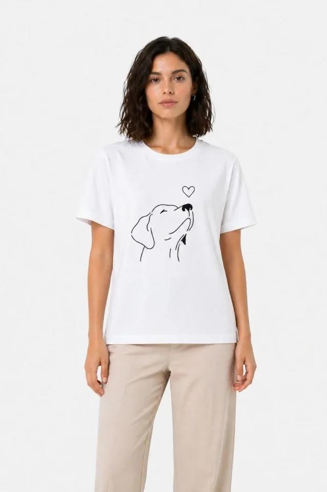 Köpek Figürlü Minimal Baskılı Tişört Kısa Kol Yazlık T-Shirt - Beyaz