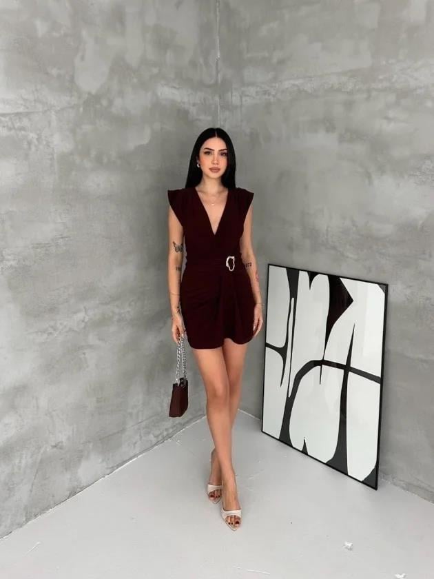 Kruvaze Drapeli Tokalı Mini Elbise Şık Gece Davet Abiye - Kahverengi