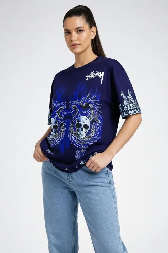 Lacivert Oversize Tişört Dragon - Kuru Kafa Baskılı Bisiklet Yaka T-Shirt - Lacivert