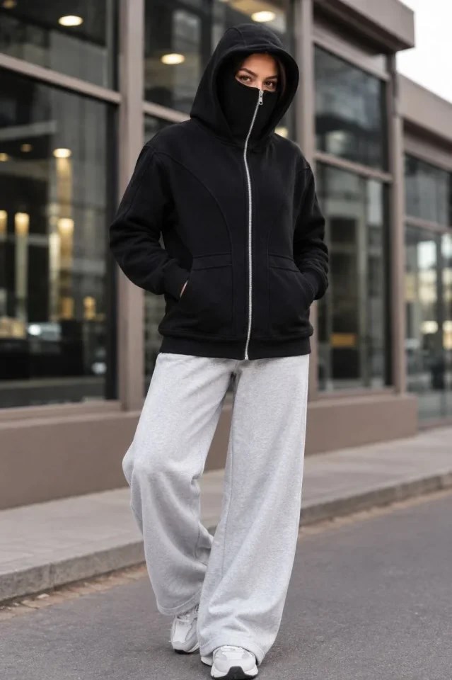 Maskeli Ninja Model Çift Kapüşonlu 3 İplik Şardonlu Fermuarlı Oversize Sweatshirt - Siyah