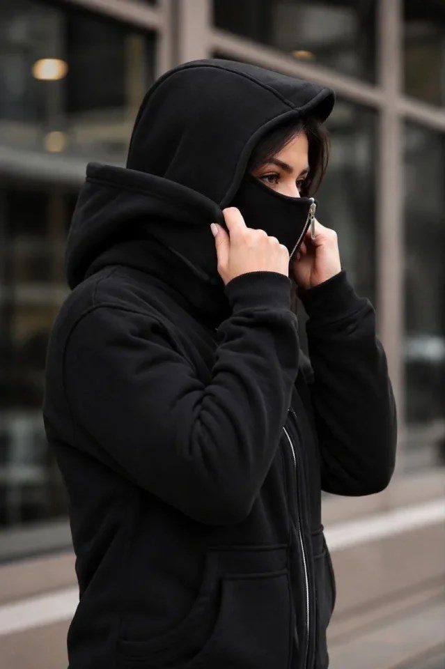 Maskeli Ninja Model Çift Kapüşonlu 3 İplik Şardonlu Fermuarlı Oversize Sweatshirt - Siyah