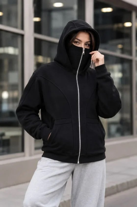 Maskeli Ninja Model Çift Kapüşonlu 3 İplik Şardonlu Fermuarlı Oversize Sweatshirt - Siyah