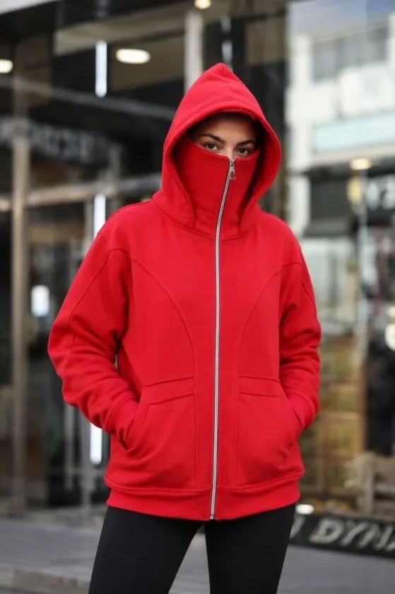 Maskeli Ninja Model Çift Kapüşonlu 3 İplik Şardonlu Fermuarlı Oversize Sweatshirt - Kırmızı