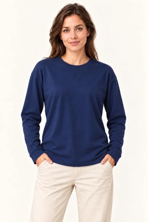 Modal Yumuşak Dokulu Bisiklet Yaka Uzun Kollu Tişört Sweatshirt - Lacivert