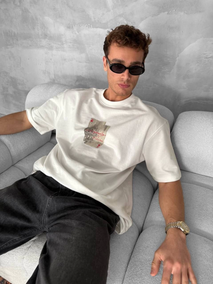Ön Ve Arka Baskılı Oversize Bisiklet Yaka T-shirt - Beyaz
