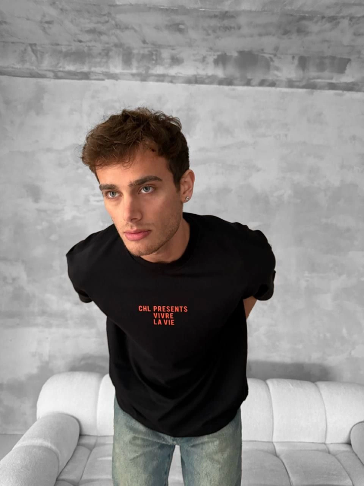 Ön Ve Arka Baskılı Oversize Bisiklet Yaka T-shirt- Siyah
