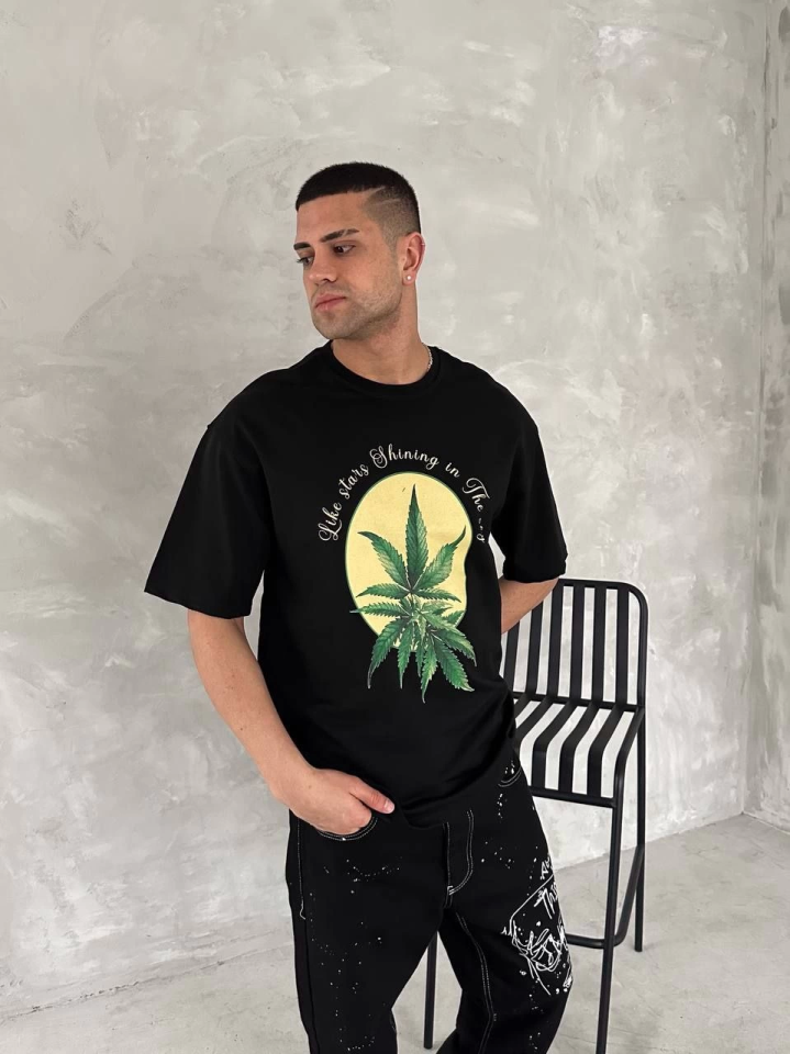 Ön Ve Arka Baskılı Oversize Bisiklet Yaka T-shirt- Siyah