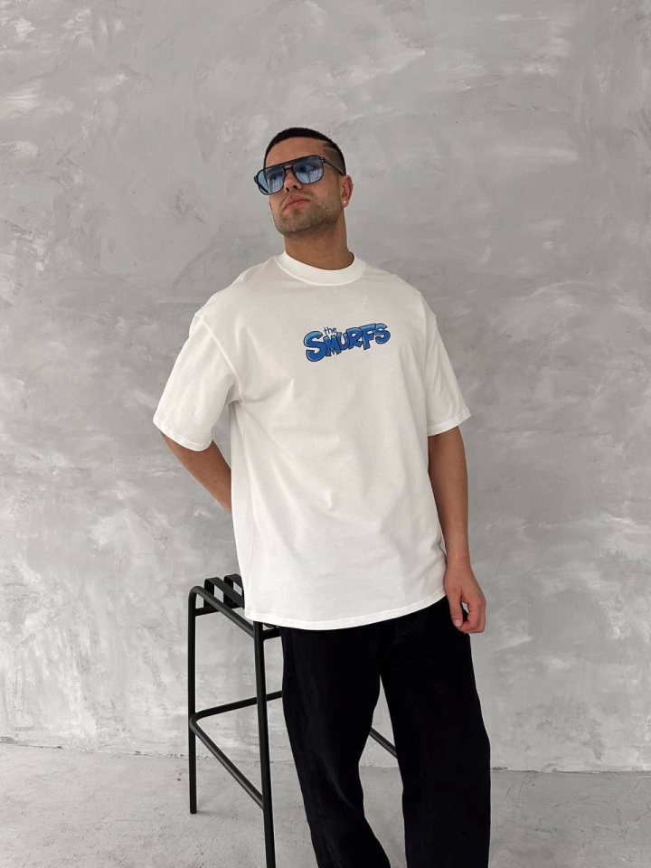 Ön Ve Arka Baskılı Oversize Bisiklet Yaka T-shirt- Beyaz