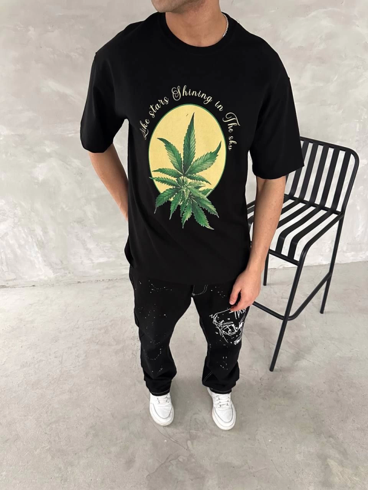 Ön Ve Arka Baskılı Oversize Bisiklet Yaka T-shirt- Siyah