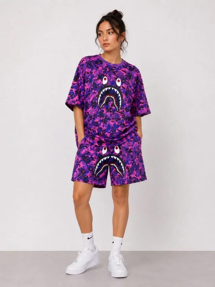 Oversize Kalıp Pubg Bape X Shark Nakışlı Cepli Şort Takım - Mor