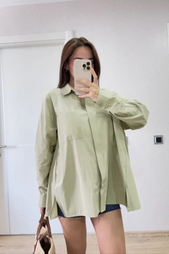 Oversize Pens Detaylı Cepli Yırtmaçlı Rahat Kalıp Poplin Gömlek - Yeşil