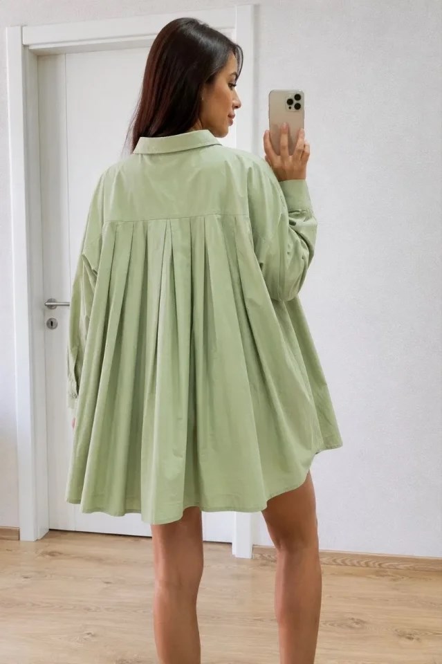 Oversize Pens Detaylı Cepli Yırtmaçlı Rahat Kalıp Poplin Gömlek - Yeşil
