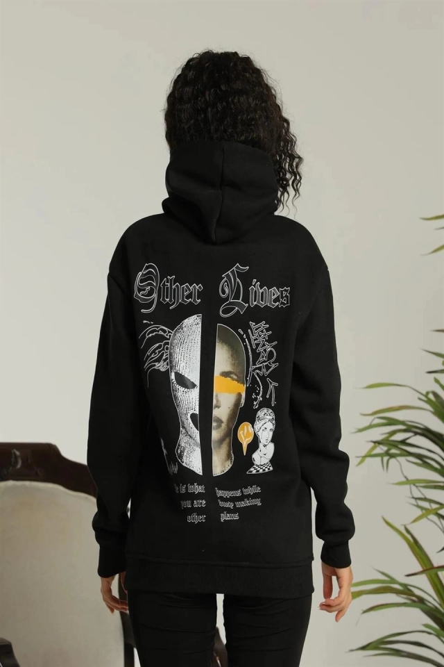 Oversize Üç İplik Kapüşonlu Sweatshirt – Siyah “Other Lives” Ön Ve Arka Baskılı, Şardonlu Kışlık, Rahat Günlük Model Siiyah
