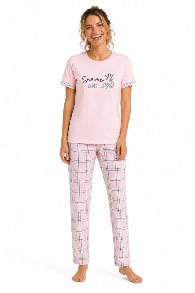 Pamuklu Penye Summer Baskılı Kısa Kollu Pijama Takımı Ekose Desenli - Pembe