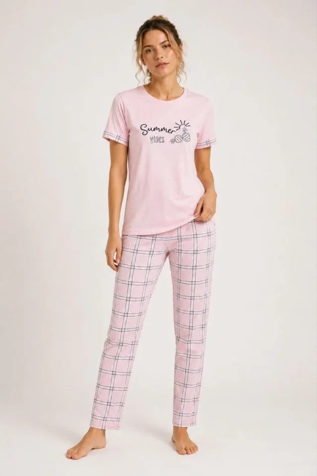 Pamuklu Penye Summer Baskılı Kısa Kollu Pijama Takımı Ekose Desenli - Pembe