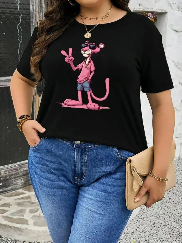 Pembe Panter Baskılı Oversize Bisiklet Yaka T-shirt - Beyaz