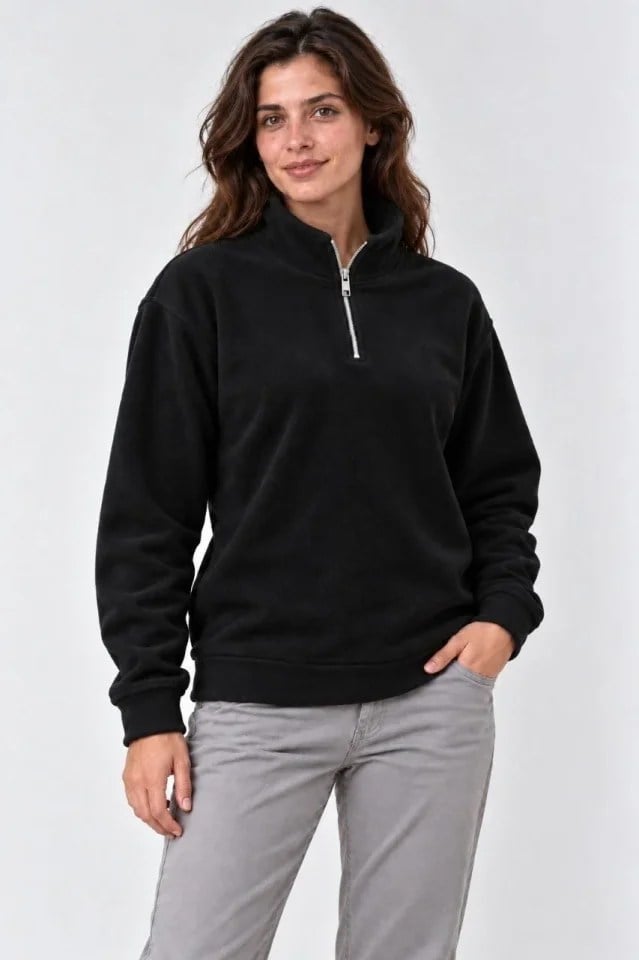 Polar Dik Yaka Yarım Fermuarlı Uzun Kollu Regular Fit Kışlık Sweatshirt - Siyah