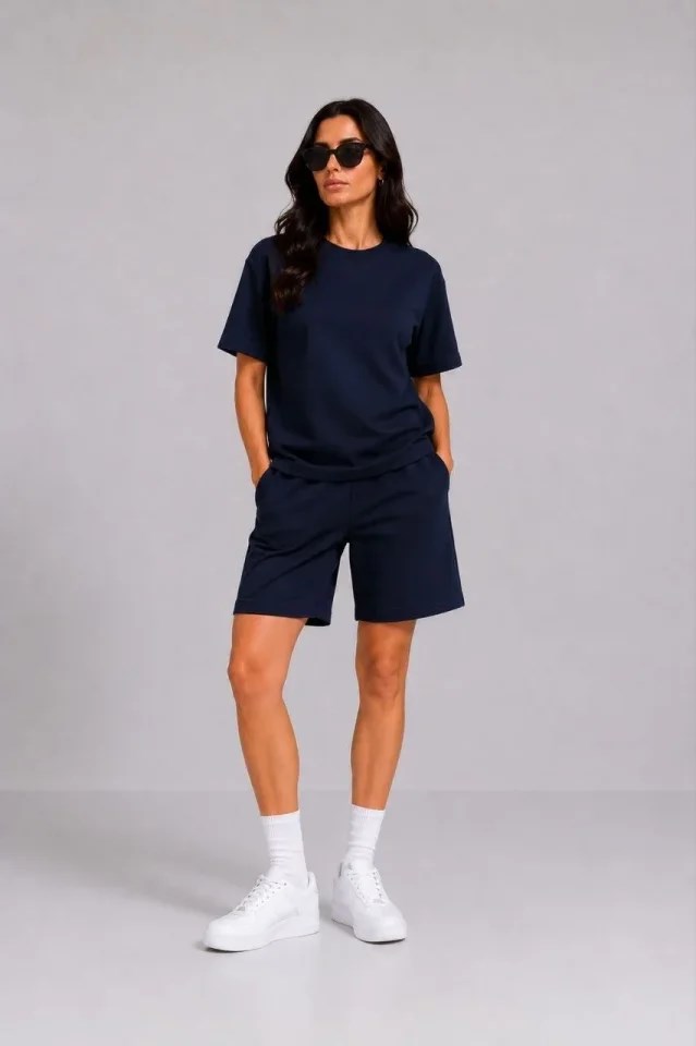 Premium Osy Modal Yumuşak Dokulu Tişört Cepli Şort Alt Üst Takım - Lacivert