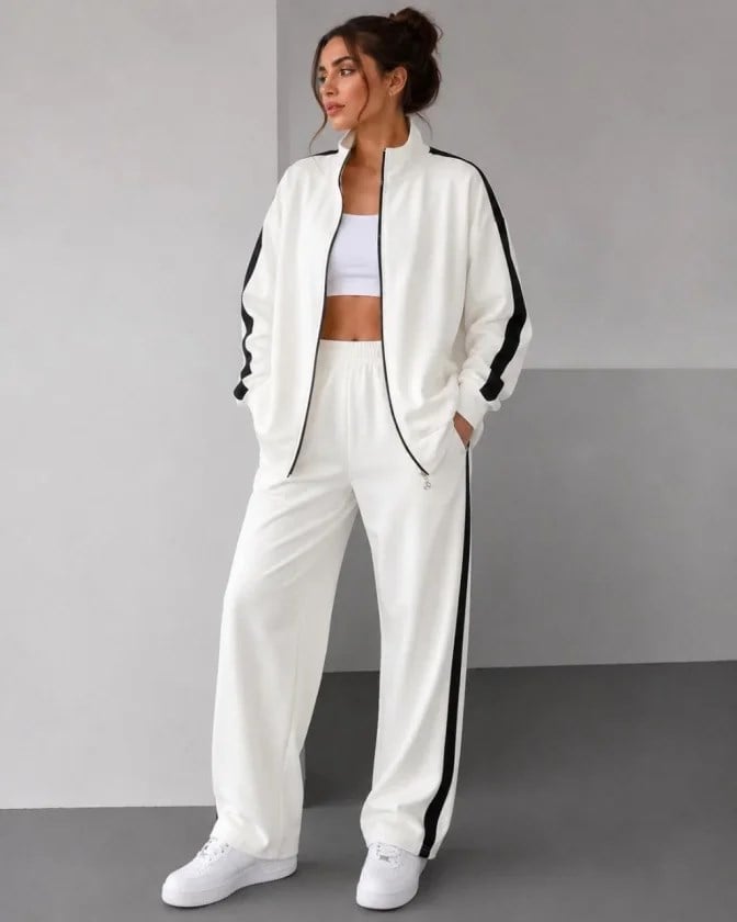 Scuba Kumaş Oversize Şerit Detaylı Fermuarlı Alt Üst Eşofman Takımı - Beyaz