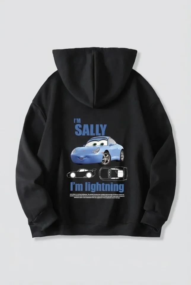 Sevgililer Günü Özel Kapüşonlu Araba Baskılı Oversize Sweatshirt - Siyah