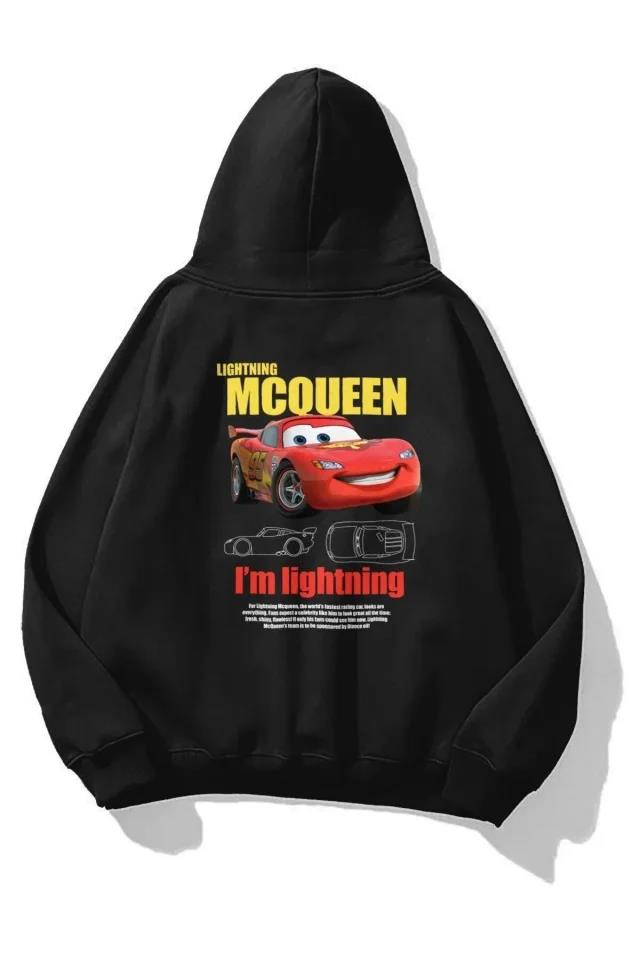 Sevgililer Günü Özel Kapüşonlu Araba Baskılı Oversize Sweatshirt - Siyah
