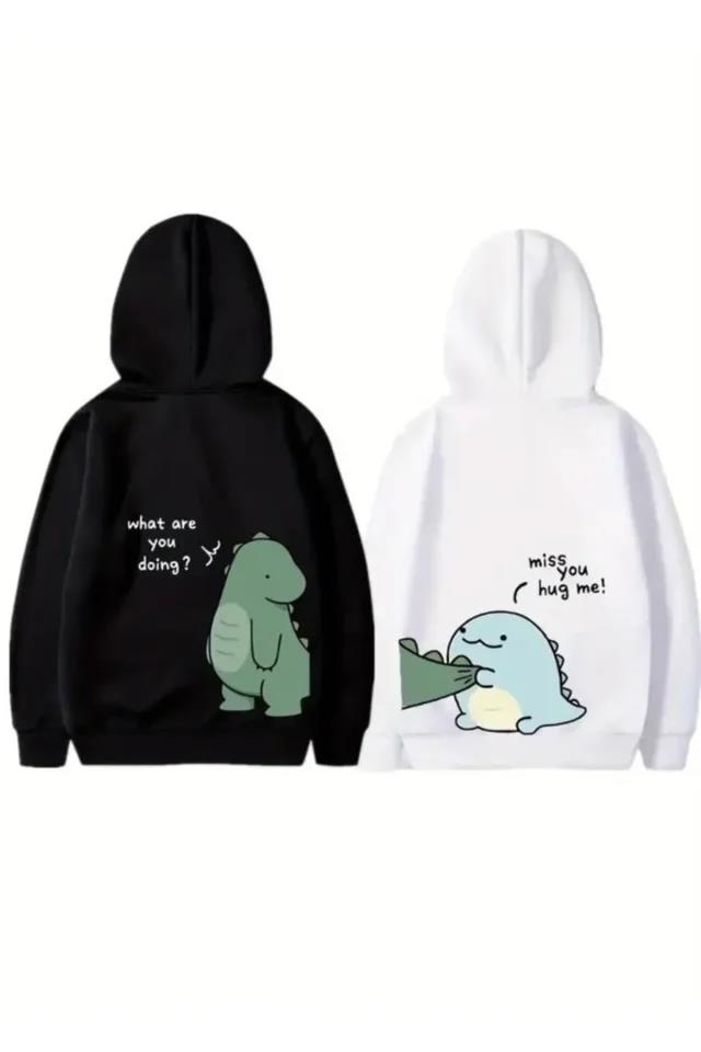 Sevgililer Günü Özel Unisex Kapüşonlu Baskılı Oversize Sweatshirt - Beyaz