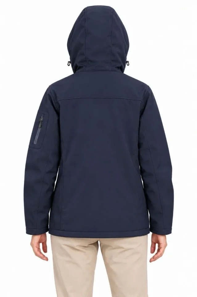 Su Geçirmez Softshell İçi Polar Astarlı Çıkarılabilir Kapüşonlu 4 Cepli Mont Ceket - Lacivert