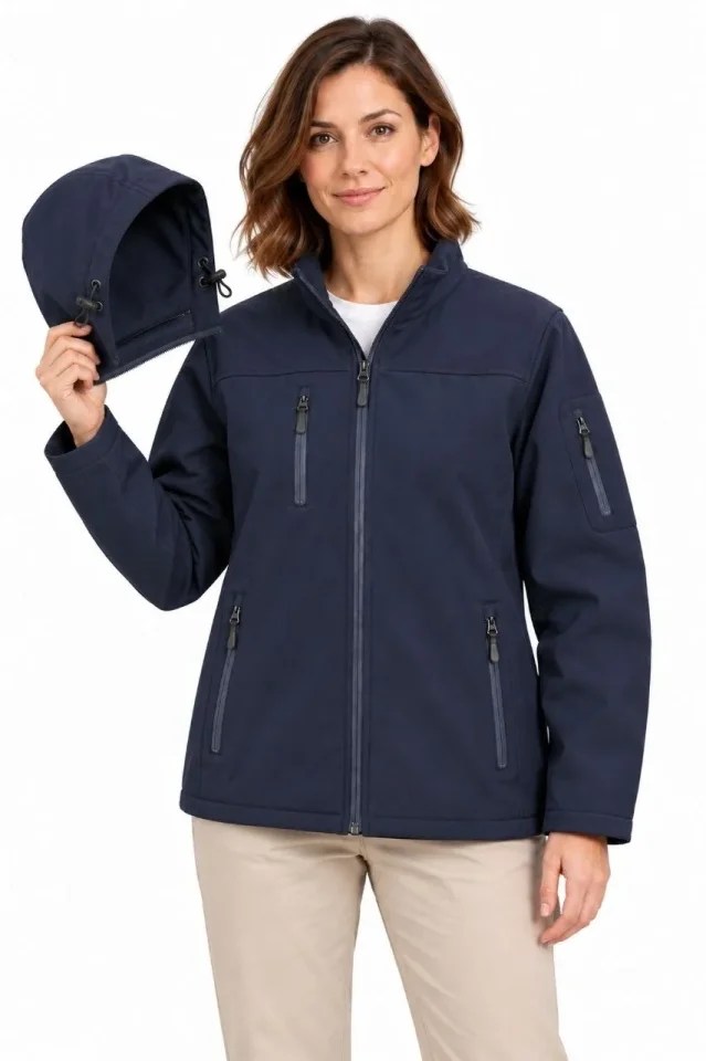 Su Geçirmez Softshell İçi Polar Astarlı Çıkarılabilir Kapüşonlu 4 Cepli Mont Ceket - Lacivert
