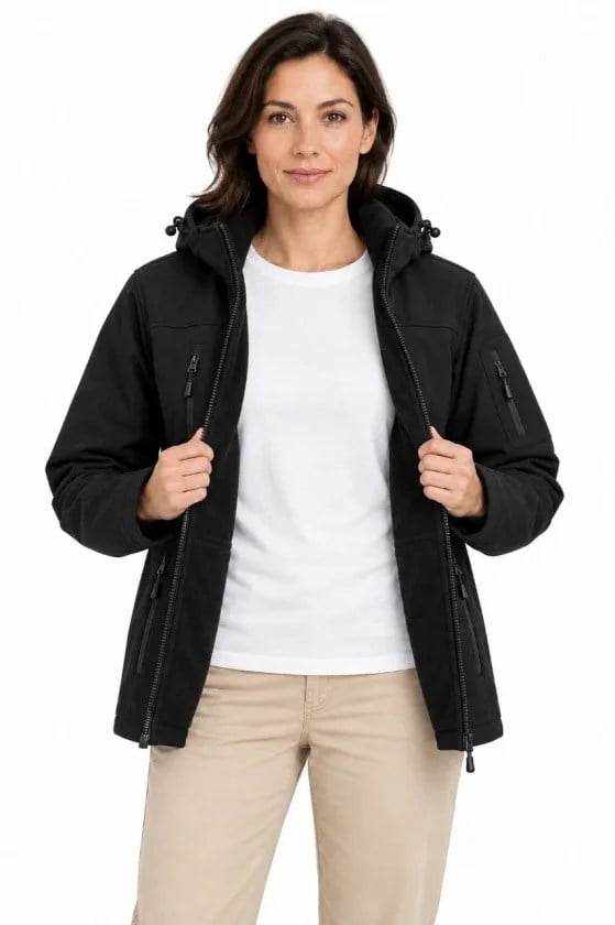 Su Geçirmez Softshell İçi Polar Astarlı Çıkarılabilir Kapüşonlu 4 Cepli Mont Ceket - Siyah