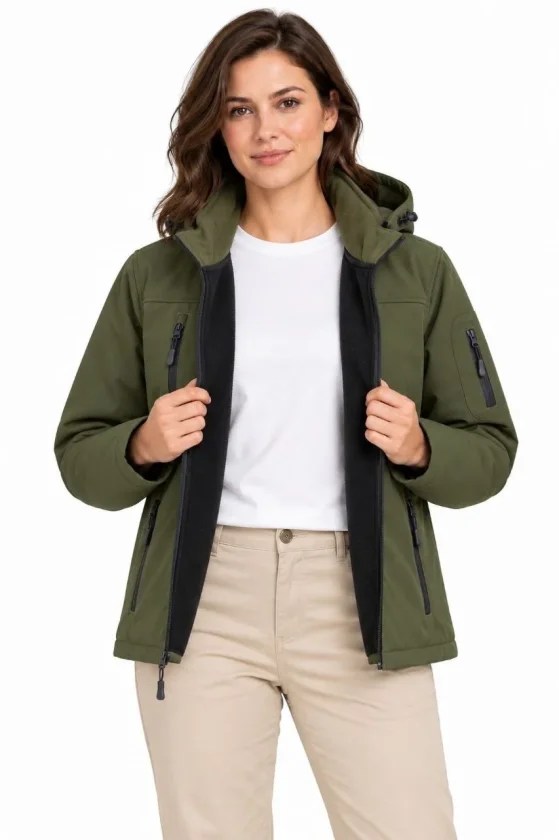 Su Geçirmez Softshell İçi Polar Astarlı Çıkarılabilir Kapüşonlu 4 Cepli Mont Ceket - Haki