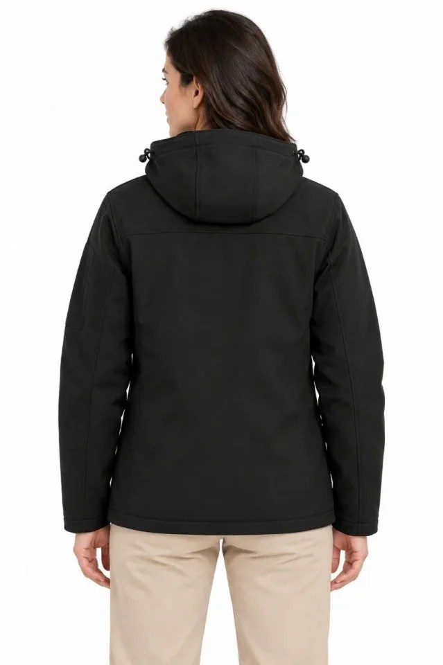 Su Geçirmez Softshell İçi Polar Astarlı Çıkarılabilir Kapüşonlu 4 Cepli Mont Ceket - Siyah