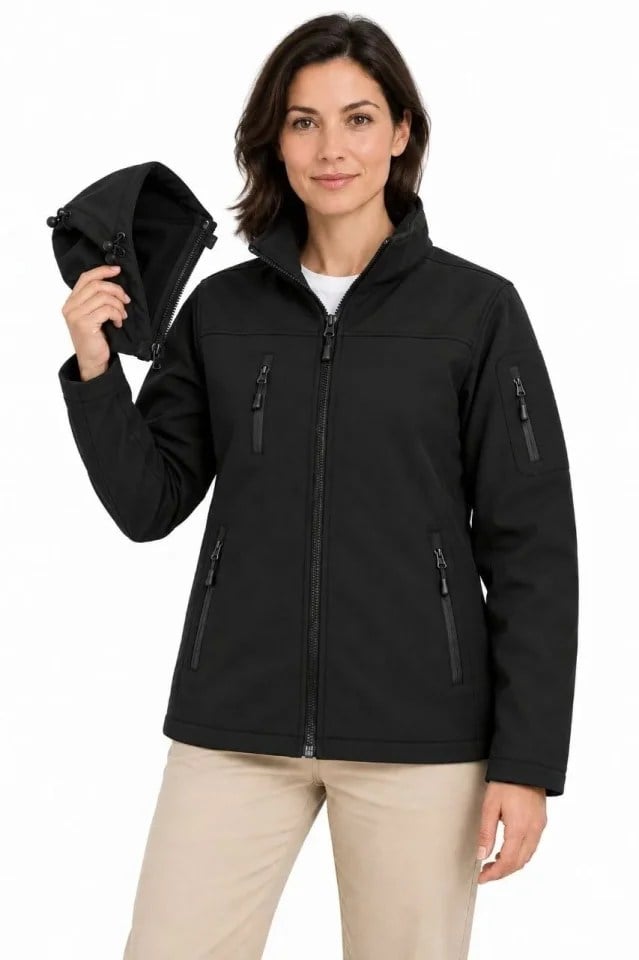 Su Geçirmez Softshell İçi Polar Astarlı Çıkarılabilir Kapüşonlu 4 Cepli Mont Ceket - Siyah