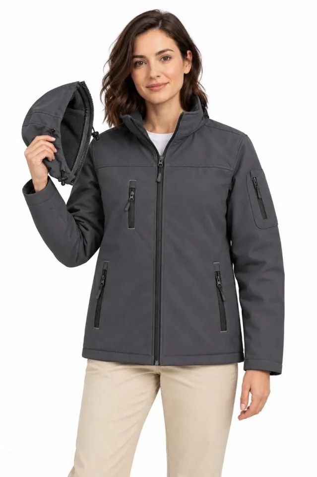 Su Geçirmez Softshell İçi Polar Astarlı Çıkarılabilir Kapüşonlu 4 Cepli Mont Ceket - Füme