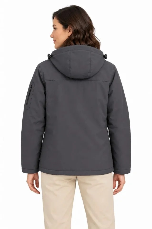 Su Geçirmez Softshell İçi Polar Astarlı Çıkarılabilir Kapüşonlu 4 Cepli Mont Ceket - Füme