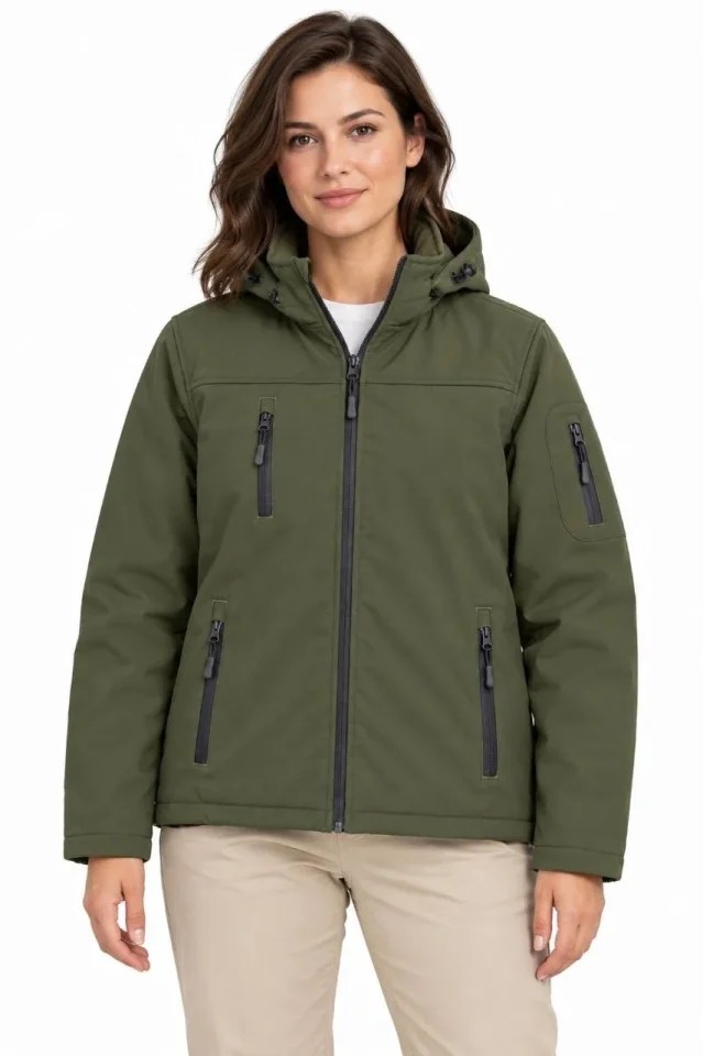 Su Geçirmez Softshell İçi Polar Astarlı Çıkarılabilir Kapüşonlu 4 Cepli Mont Ceket - Haki