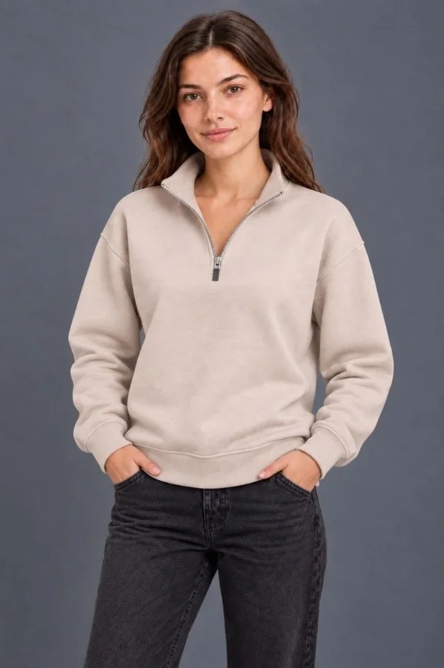 Üç İplik İçi Şardonlu Dik Yaka Yarım Fermuarlı Kışlık Sweatshirt - Bej
