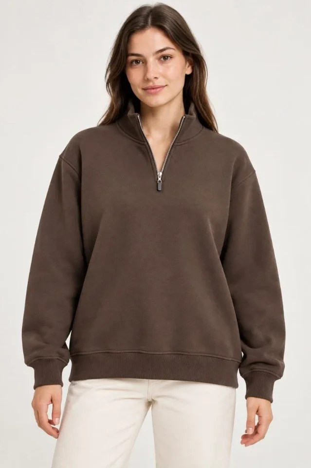 Üç İplik İçi Şardonlu Dik Yaka Yarım Fermuarlı Kışlık Sweatshirt - Kahverengi