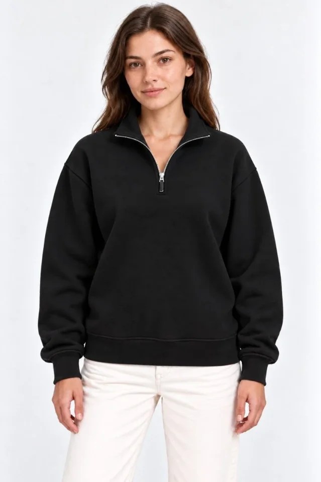 Üç İplik İçi Şardonlu Dik Yaka Yarım Fermuarlı Kışlık Sweatshirt - Siyah