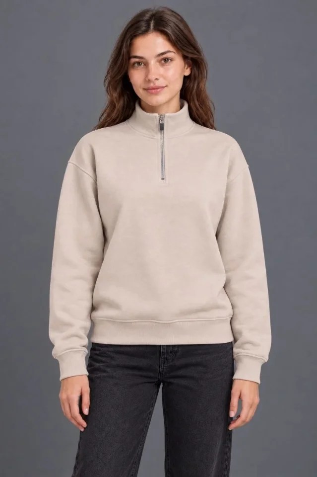Üç İplik İçi Şardonlu Dik Yaka Yarım Fermuarlı Kışlık Sweatshirt - Bej
