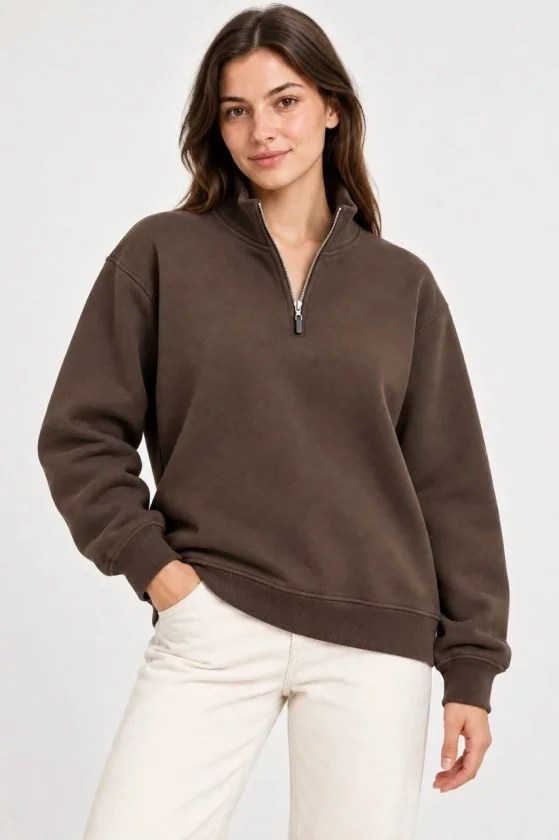 Üç İplik İçi Şardonlu Dik Yaka Yarım Fermuarlı Kışlık Sweatshirt - Kahverengi