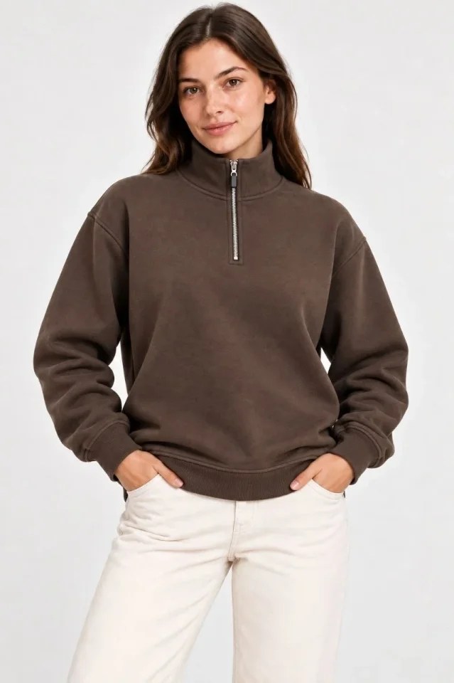 Üç İplik İçi Şardonlu Dik Yaka Yarım Fermuarlı Kışlık Sweatshirt - Kahverengi