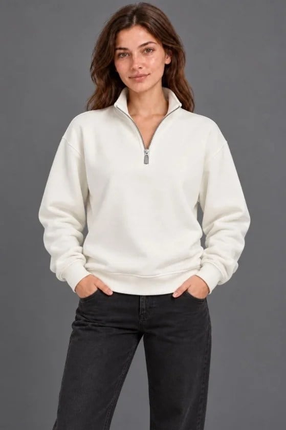 Üç İplik İçi Şardonlu Dik Yaka Yarım Fermuarlı Kışlık Sweatshirt - Beyaz