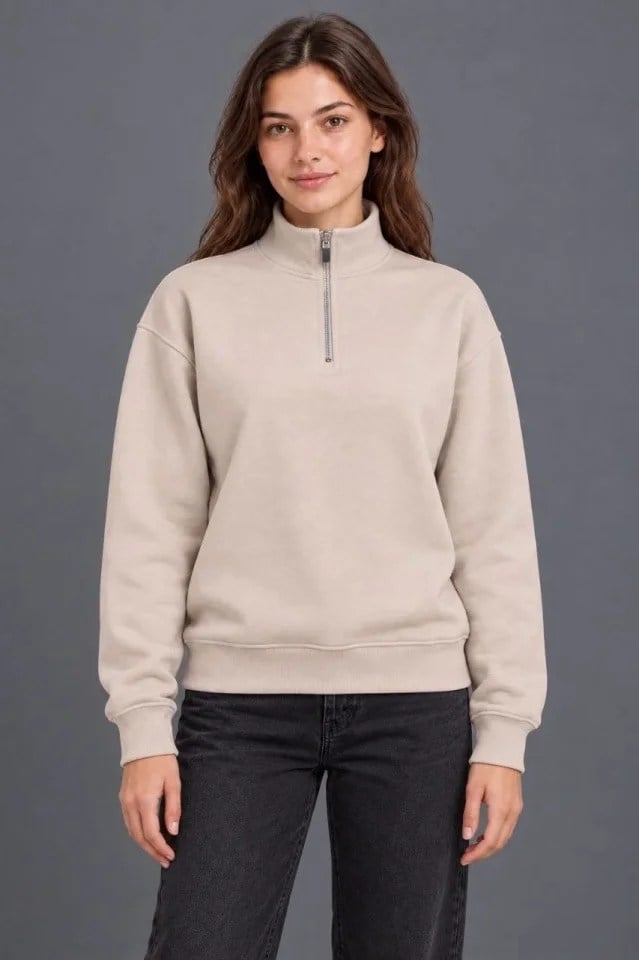 Üç İplik İçi Şardonlu Dik Yaka Yarım Fermuarlı Kışlık Sweatshirt - Bej