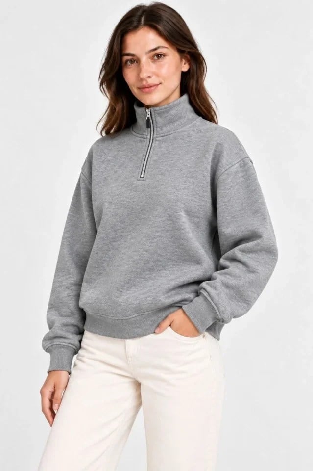 Üç İplik İçi Şardonlu Dik Yaka Yarım Fermuarlı Kışlık Sweatshirt - Grİ